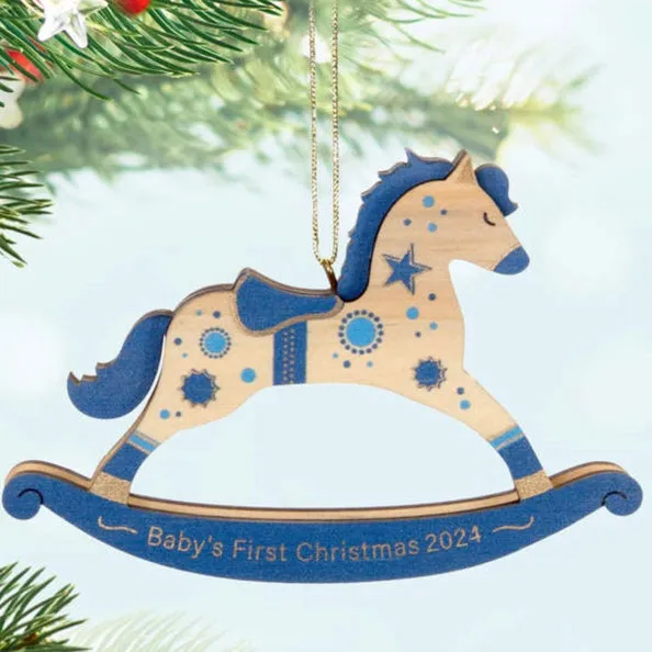 Baby Boy's First Christmas Rocking Horse 2024 Wood Ornament