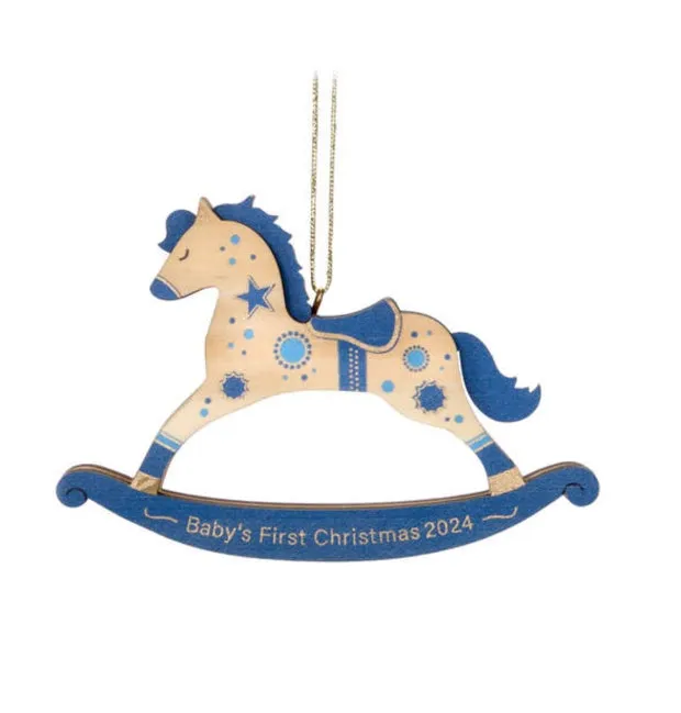 Baby Boy's First Christmas Rocking Horse 2024 Wood Ornament