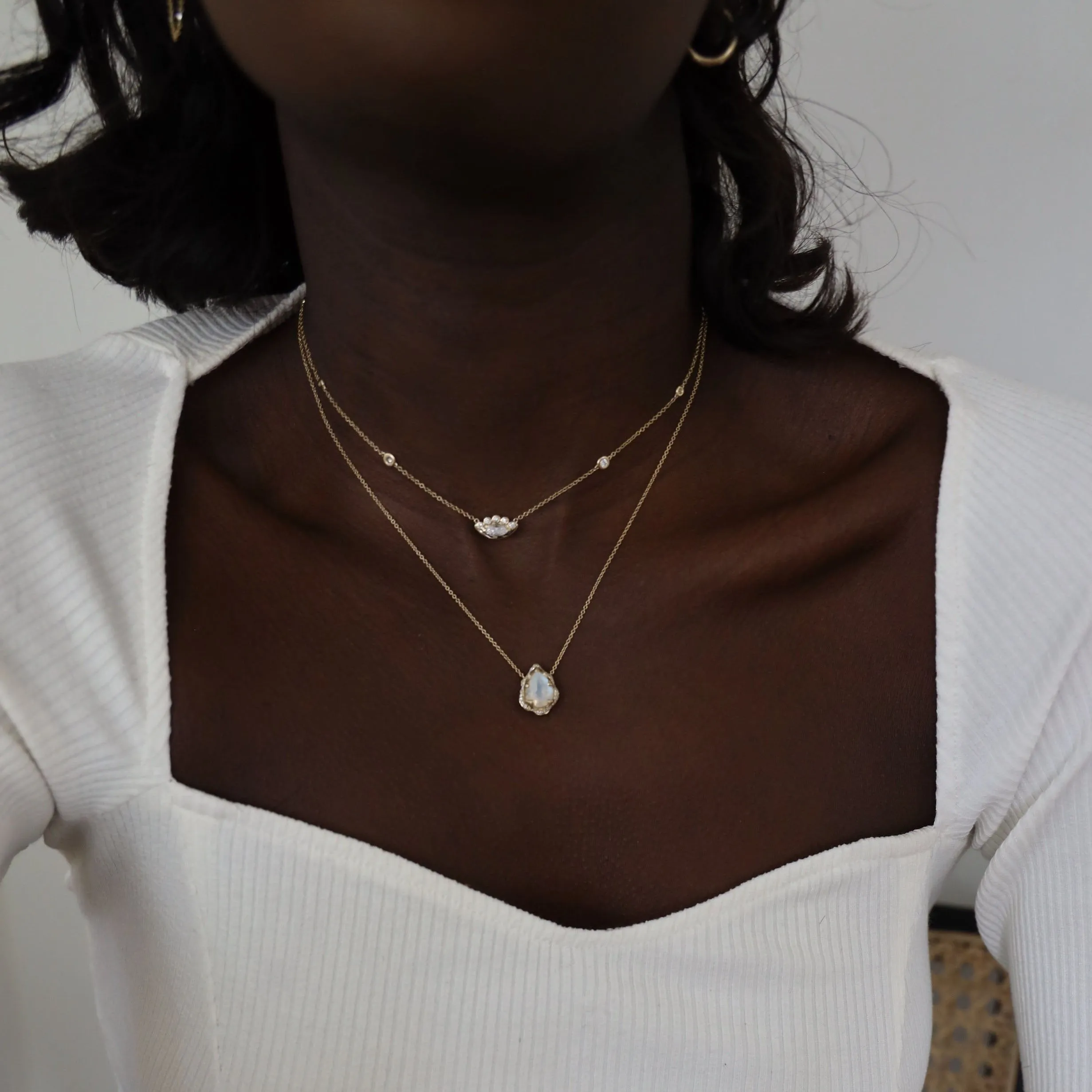 Baby Queen Water Drop Moonstone Necklace with Full Pavé Diamond Halo