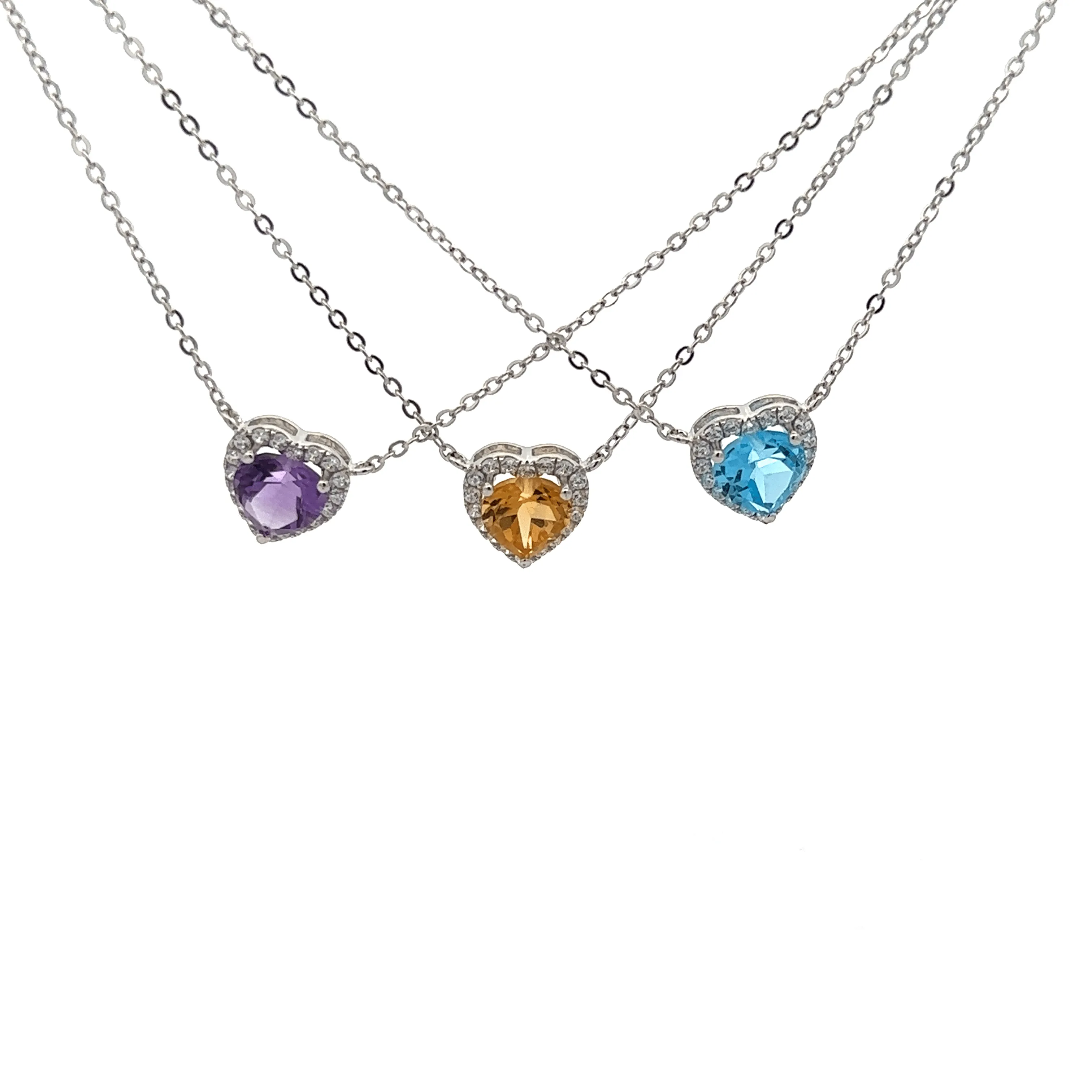 Baikalla™ Classic Heart Sterling Silver Natural Amethyst Citrine Topaz Necklace With CZ