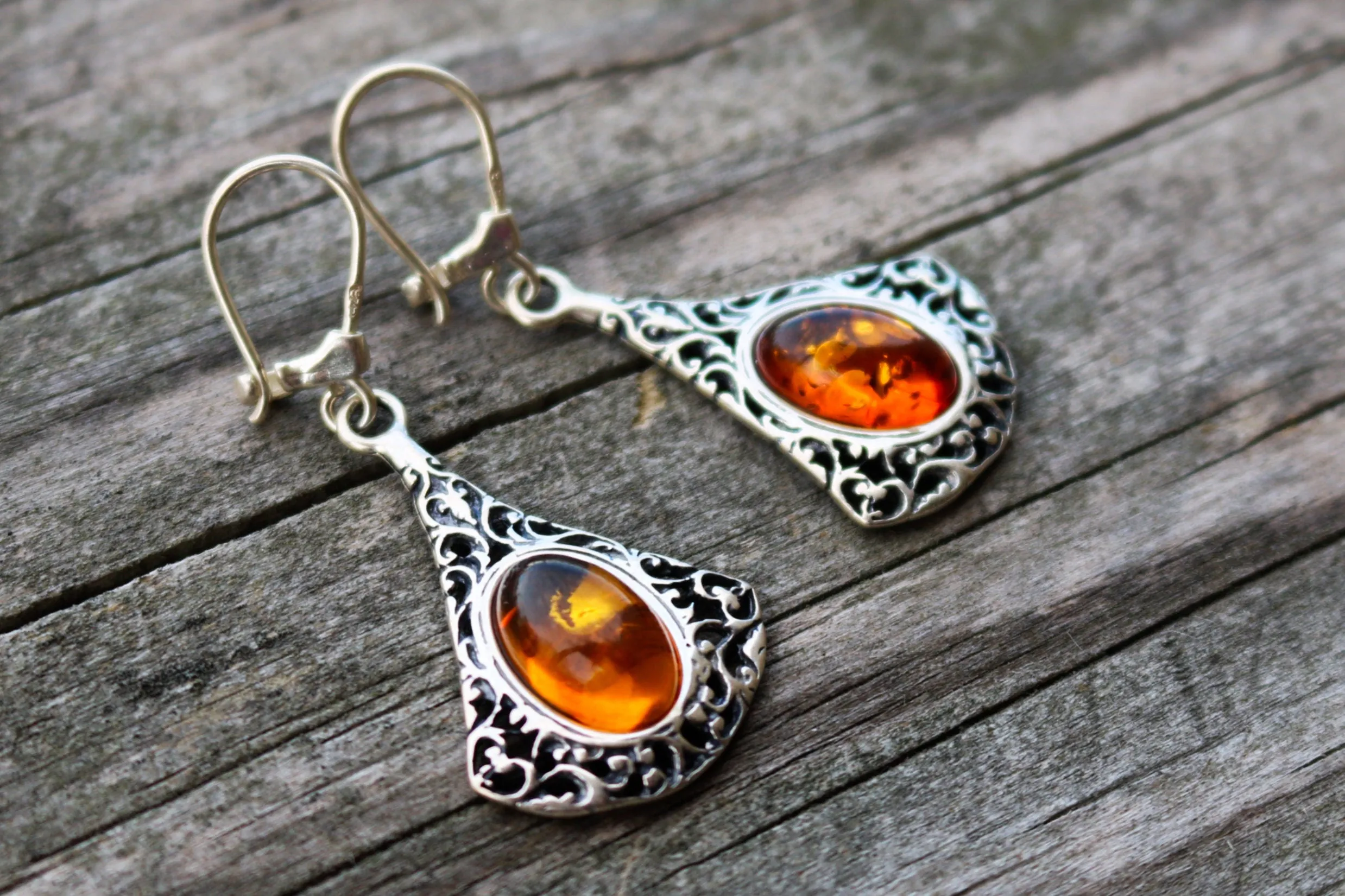 Baltic Amber Cognac Earrings Filigree 1.75" 5.5 gram 925 Silver