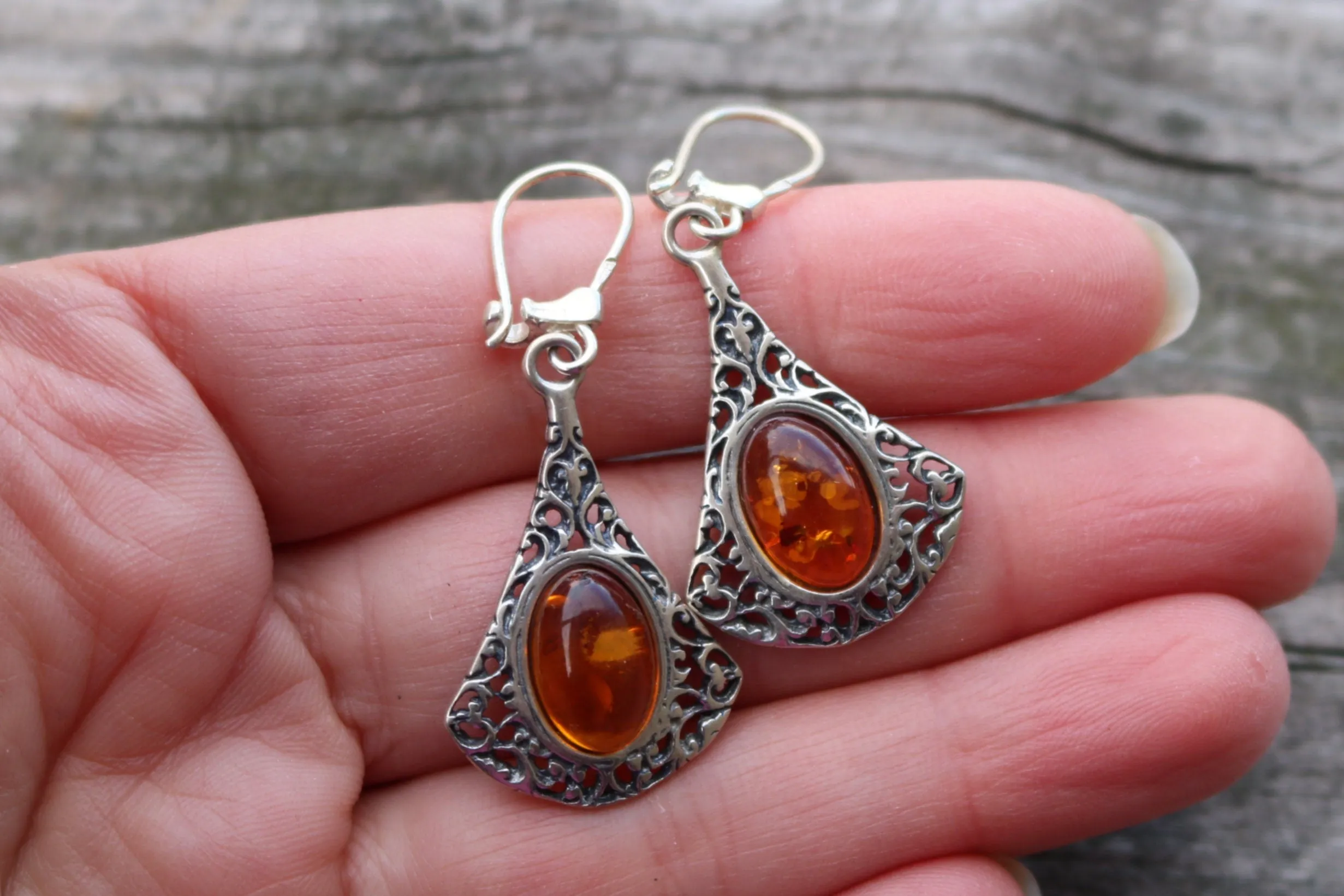 Baltic Amber Cognac Earrings Filigree 1.75" 5.5 gram 925 Silver