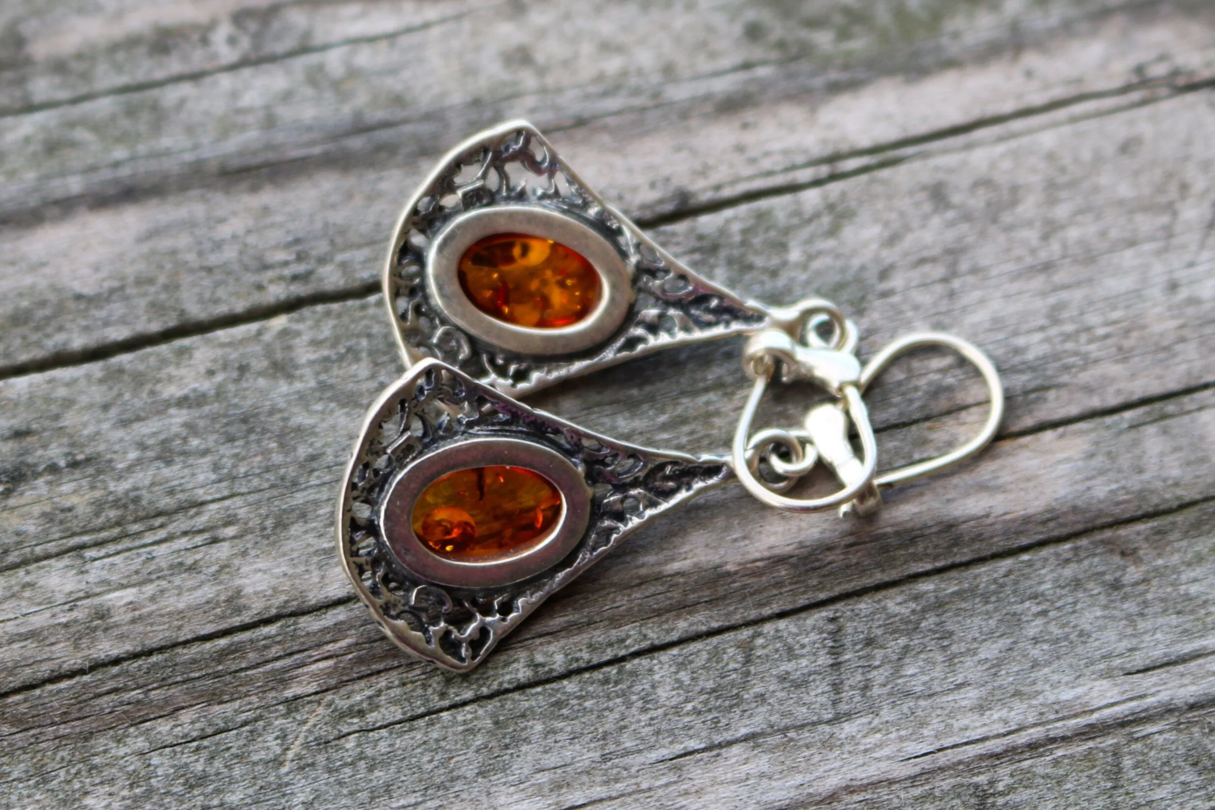 Baltic Amber Cognac Earrings Filigree 1.75" 5.5 gram 925 Silver