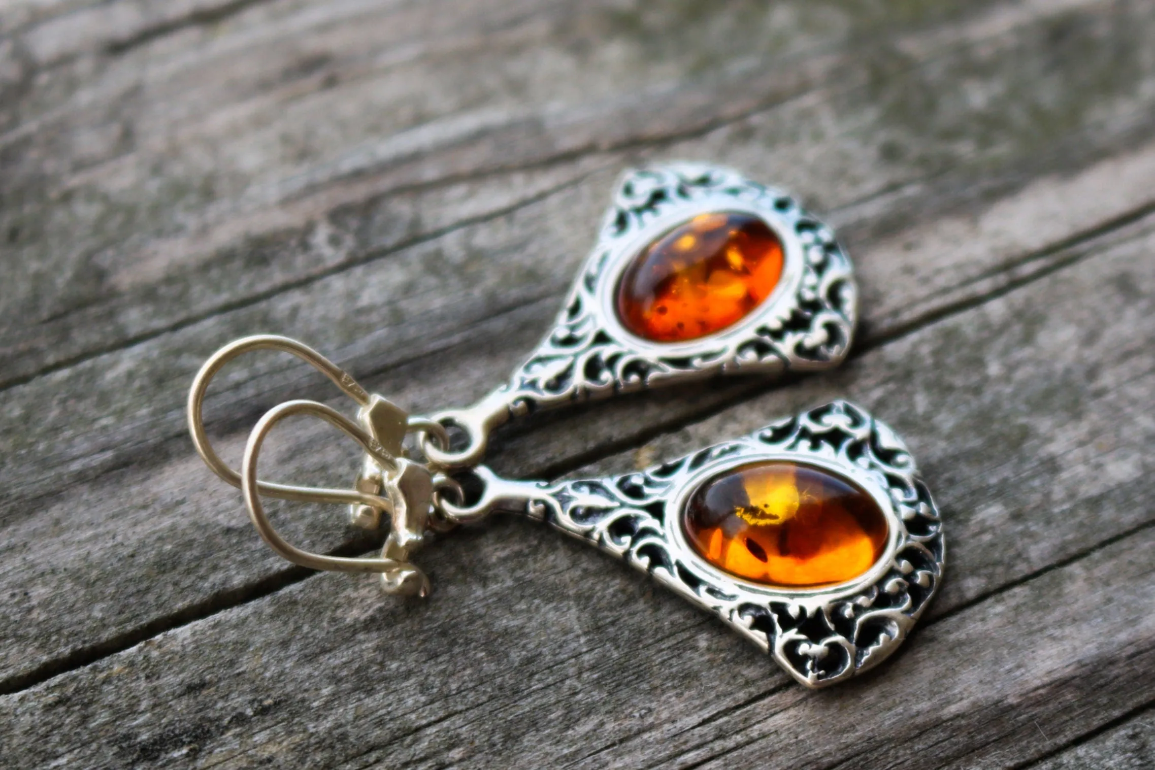 Baltic Amber Cognac Earrings Filigree 1.75" 5.5 gram 925 Silver