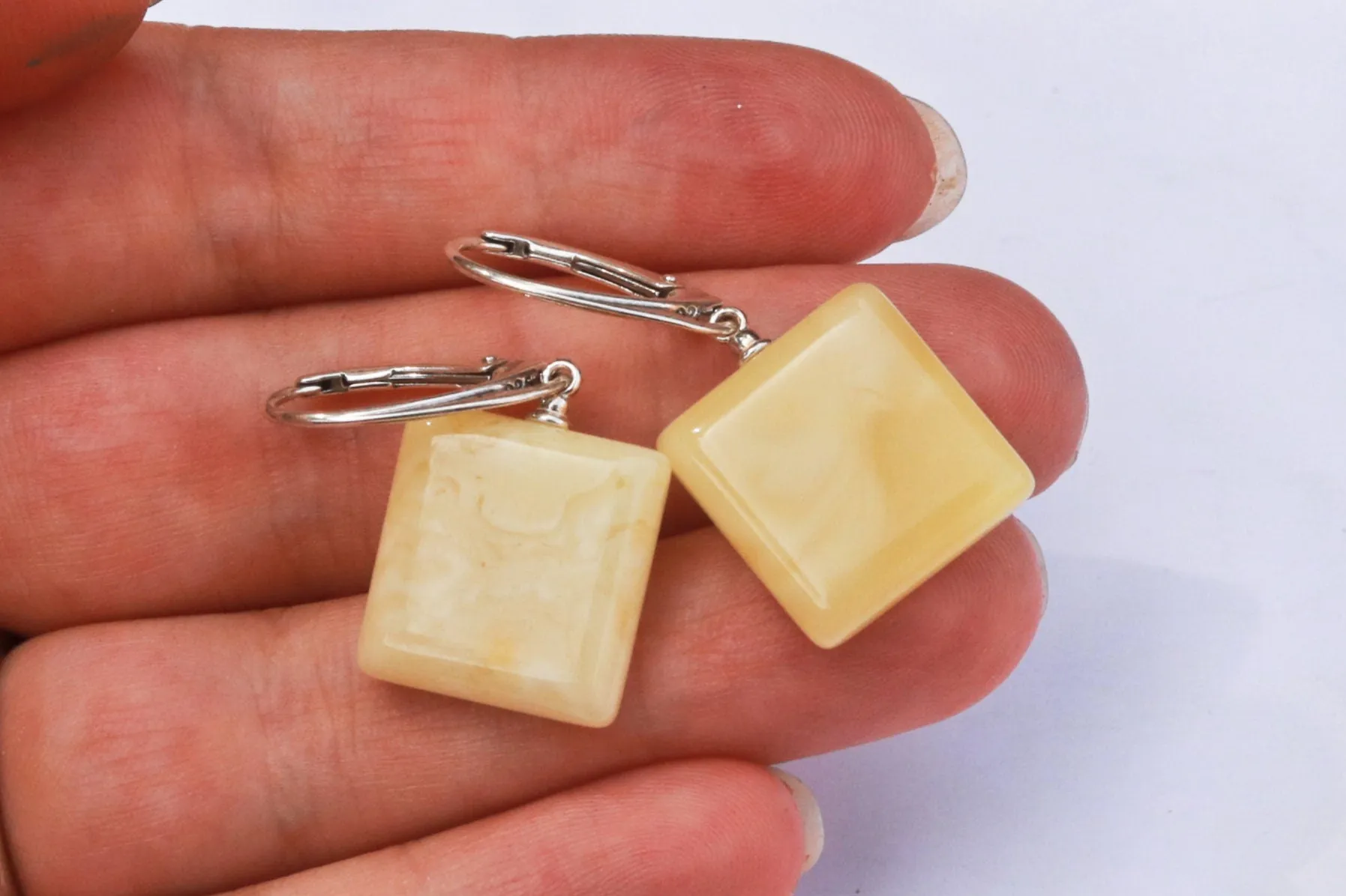 Baltic Amber Earrings Butterscotch Natural Dangling Square Jewelry 1.36" 3.3 gram 925 Silver