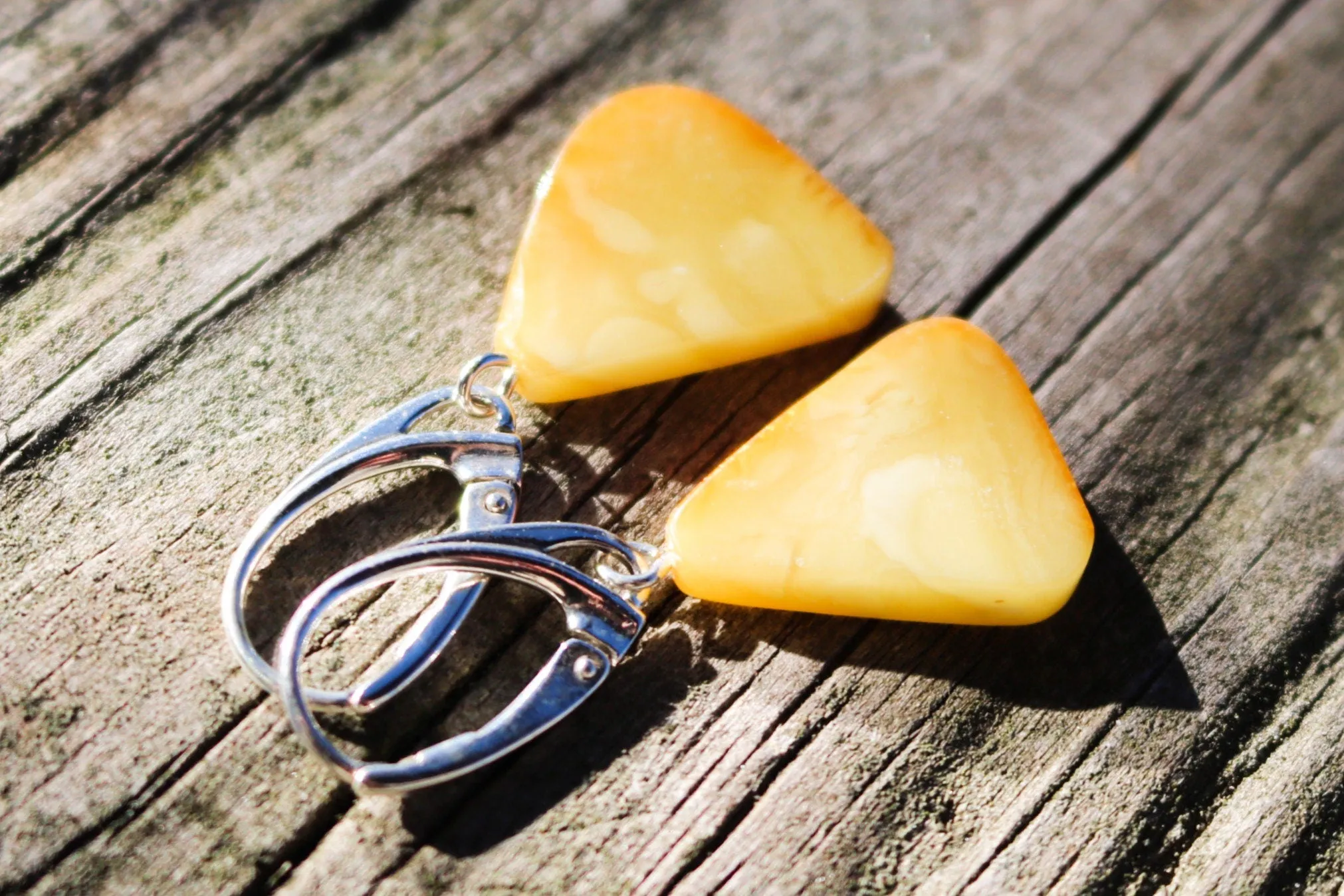 Baltic Amber Earrings Butterscotch Slabs Triangle Yellow Cloudy Natural Untreated 1.45" 2.6 gram