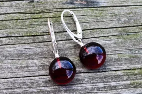 Baltic Amber Earrings Cherry Natural Dangling Round Jewelry 1.3" 3 gram 925 Silver