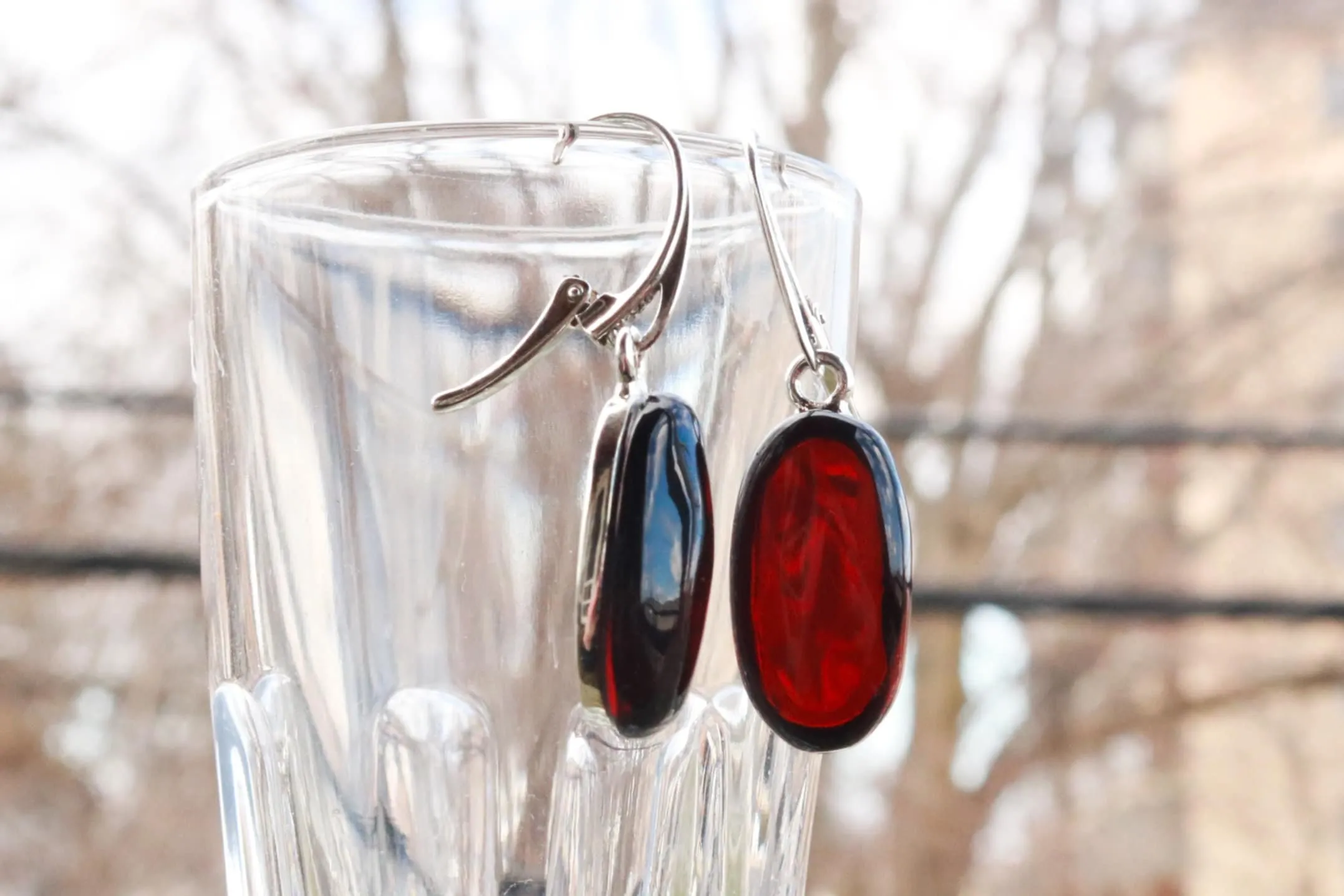 Baltic Amber Earrings Cherry Oval Natural 1.6" 6.6 gram 925 Silver 6.6 gram