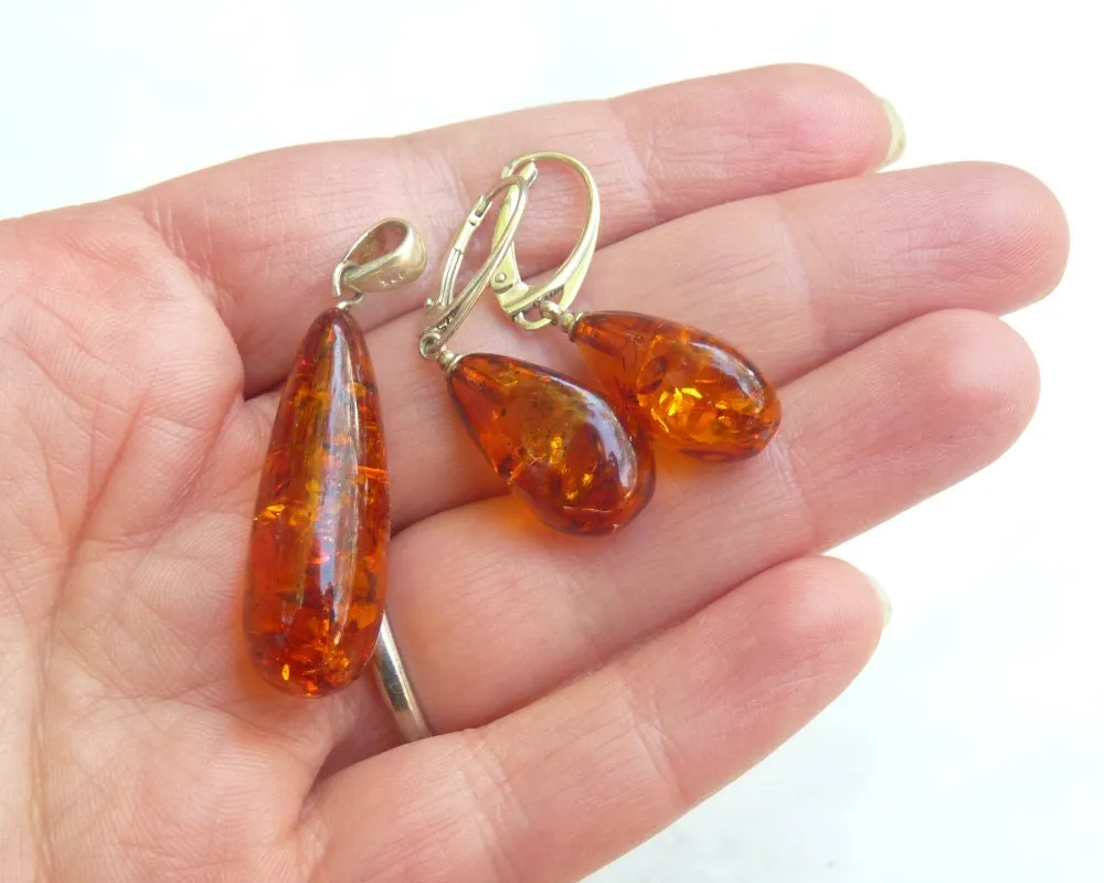 Baltic Amber Jewelry Set Cognac Drop Pendant and Earrings Sparkling Natural 6.6 gram 925 Silver