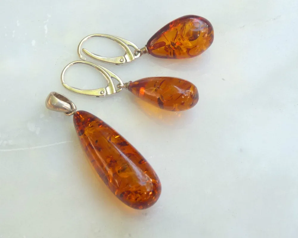 Baltic Amber Jewelry Set Cognac Drop Pendant and Earrings Sparkling Natural 6.6 gram 925 Silver
