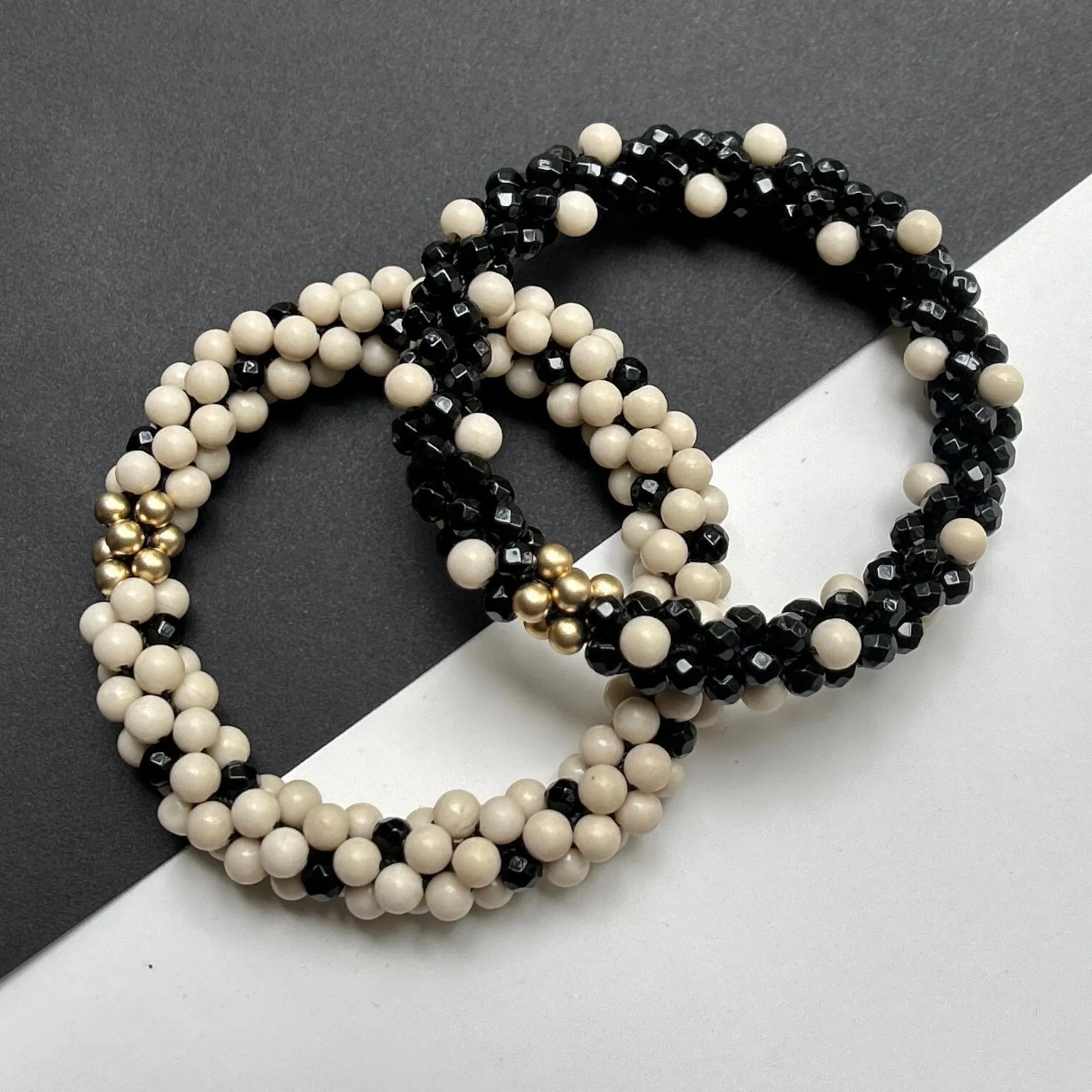 Beaded Gemstone Bracelets: Black and Ivory Polka Dots