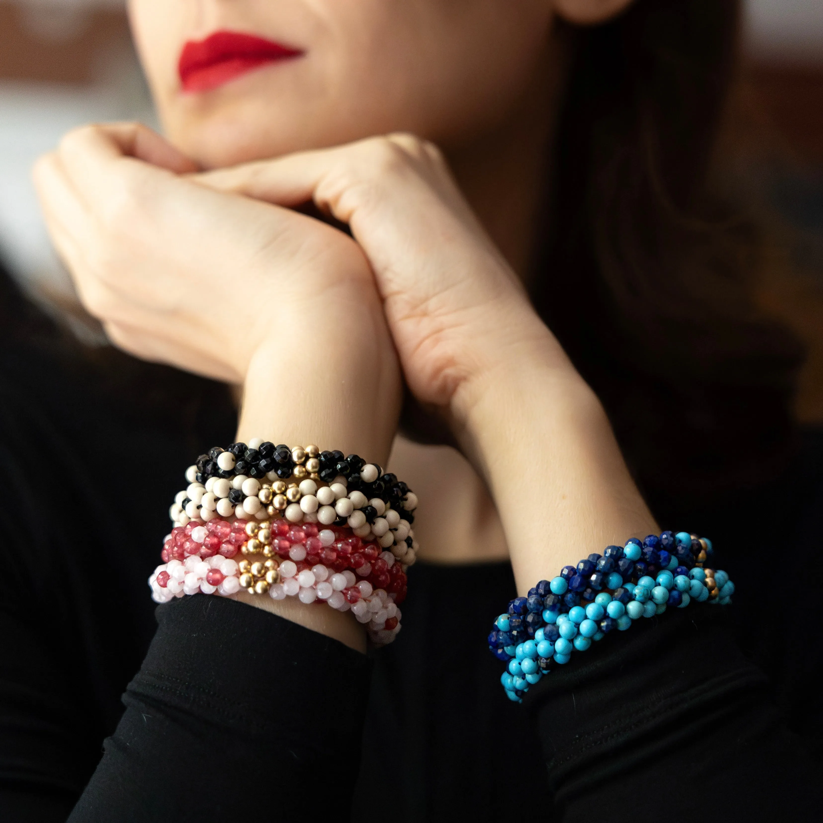 Beaded Gemstone Bracelets: Black and Ivory Polka Dots