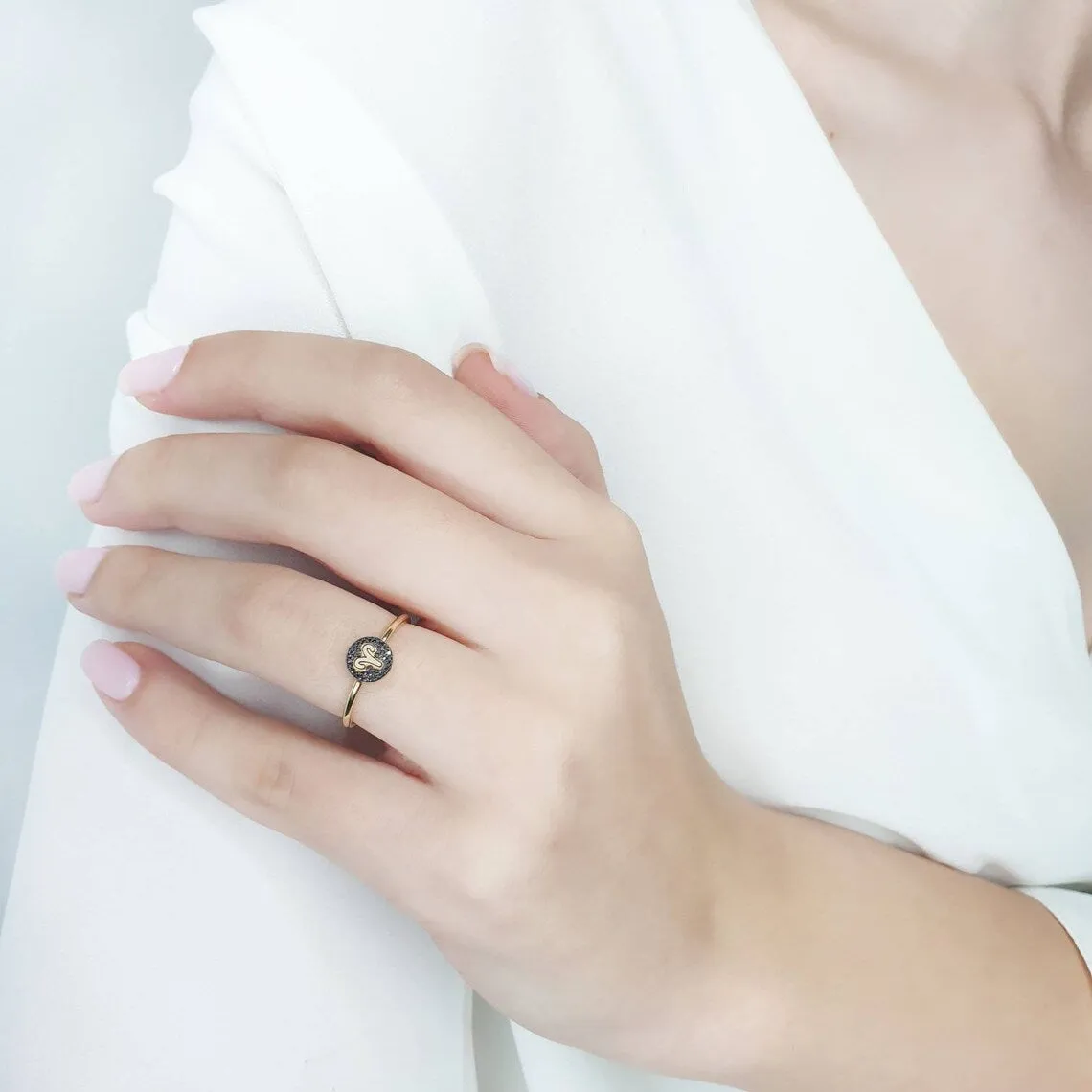 Black Diamond Ring With Zodiac Sign