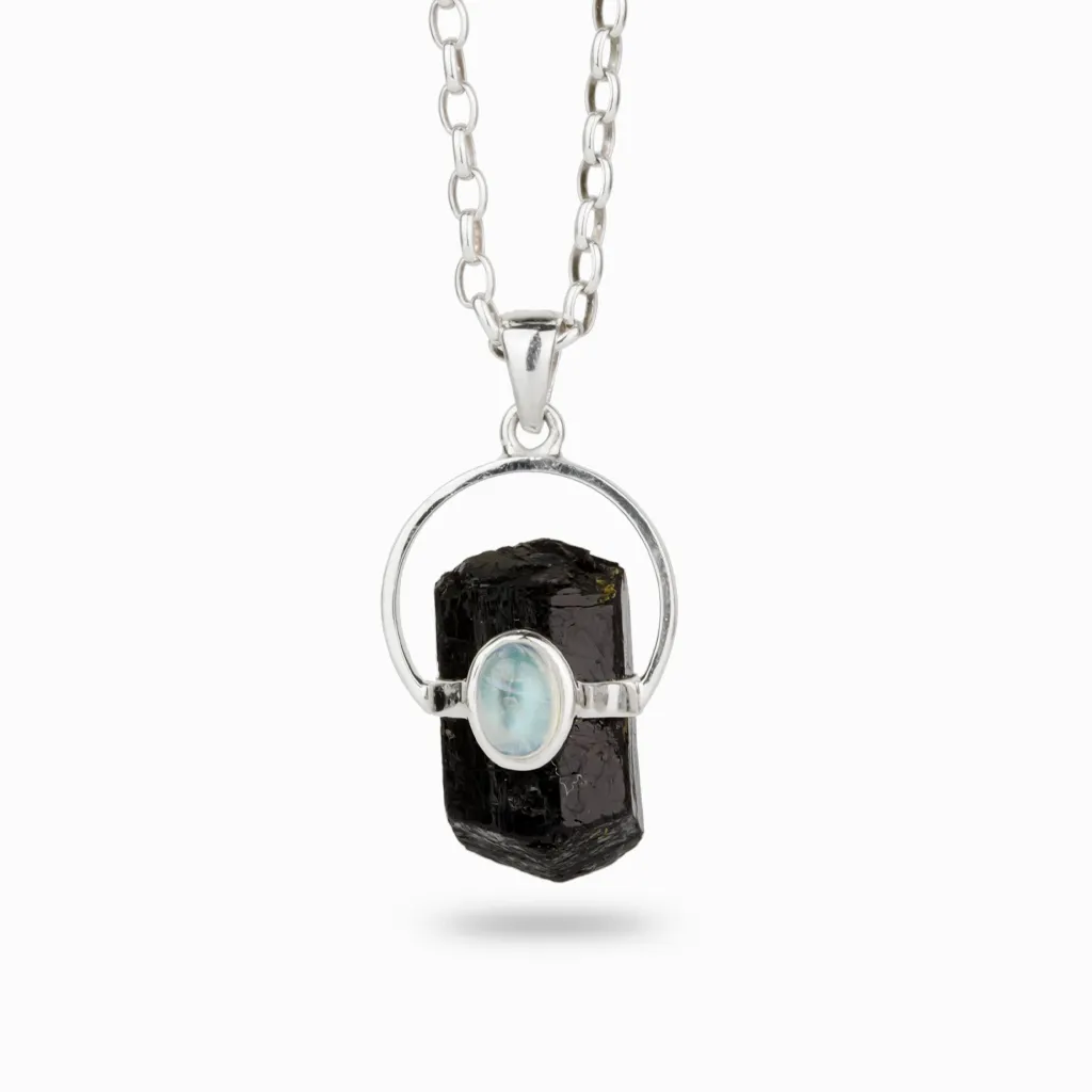 Black Tourmaline & Rainbow Moonstone Necklace