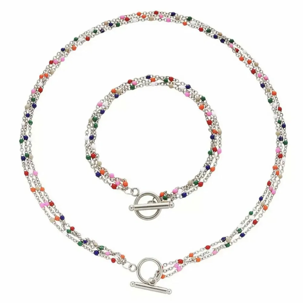 CandyLand Multicolor Layered Choker Necklace Set - Gold or Silver