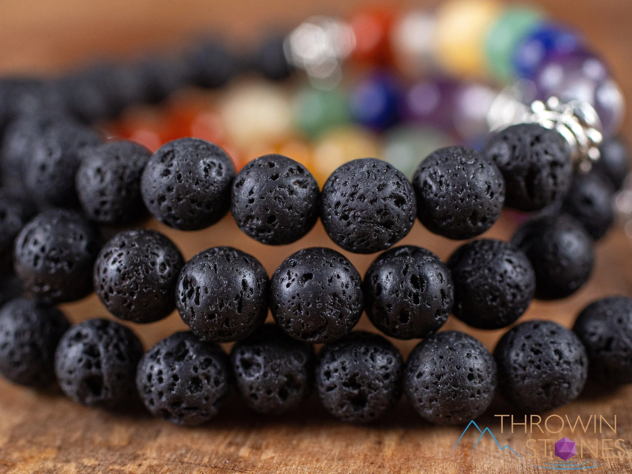 CHAKRA & LAVA ROCK Crystal Bracelet - Round Beads - Aromatherapy Diffuser Bracelet, Beaded Bracelet, Handmade Jewelry, E1968