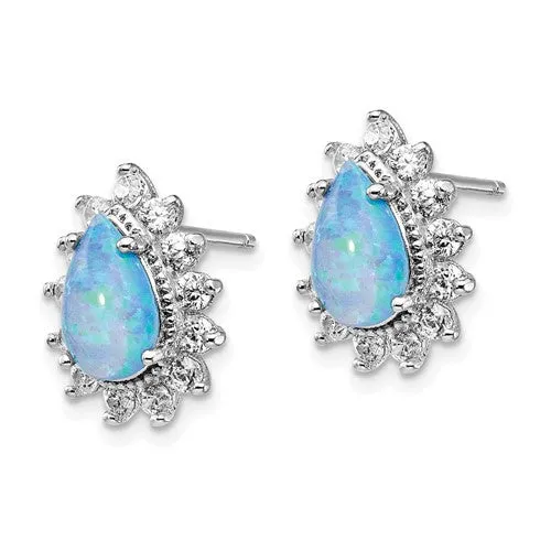 Cheryl M Sterling Silver CZ Pear Blue Opal Halo Post Earrings