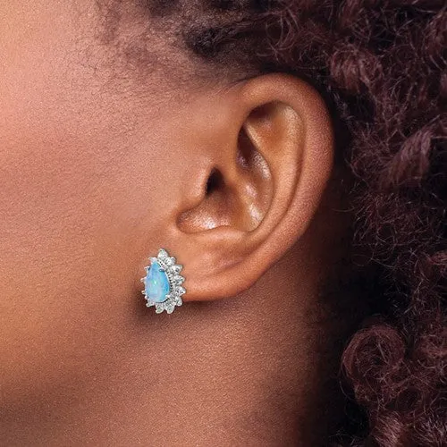 Cheryl M Sterling Silver CZ Pear Blue Opal Halo Post Earrings