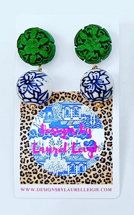 Chinoiserie Green Cinnabar Drop Earrings