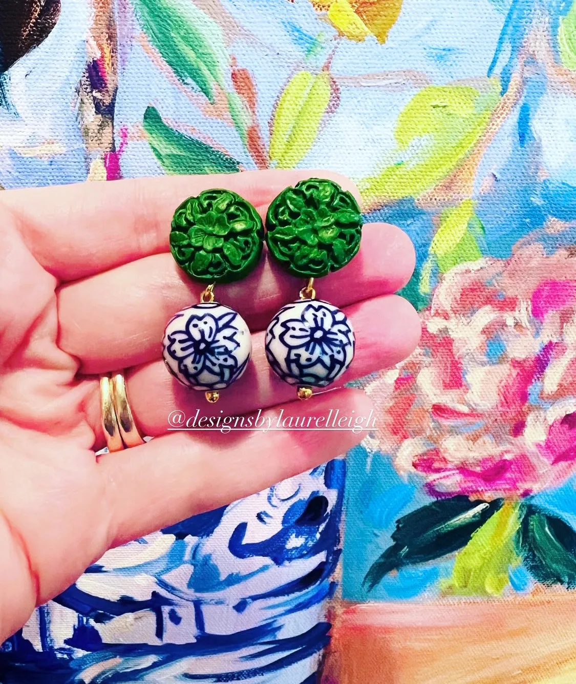 Chinoiserie Green Cinnabar Drop Earrings