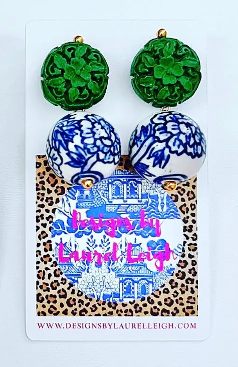 Chinoiserie Green Cinnabar Drop Earrings