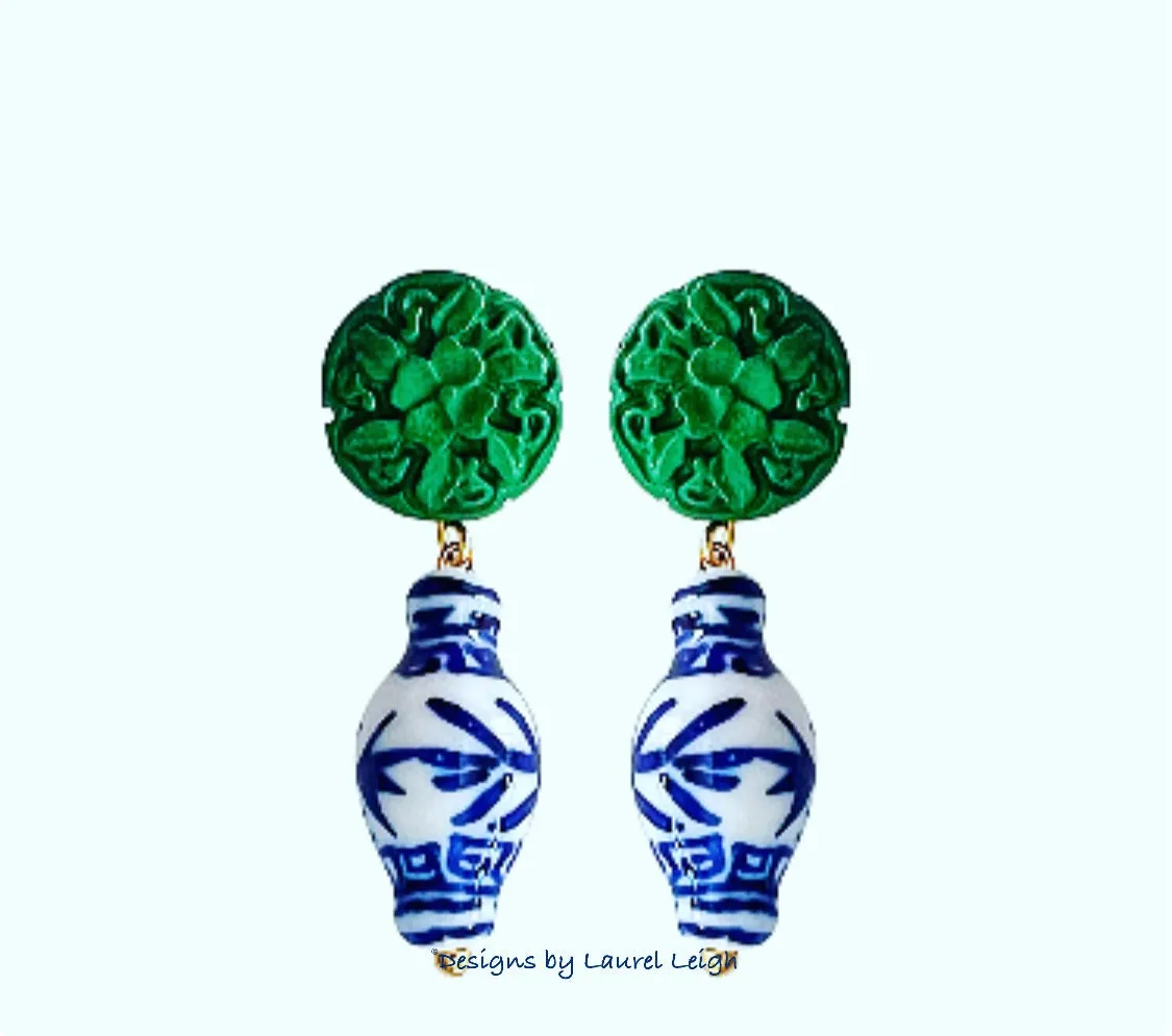 Chinoiserie Green Cinnabar Drop Earrings