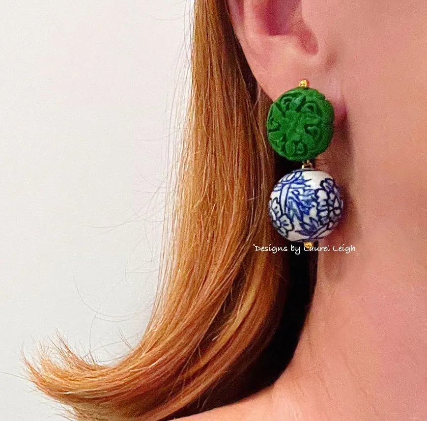 Chinoiserie Green Cinnabar Drop Earrings