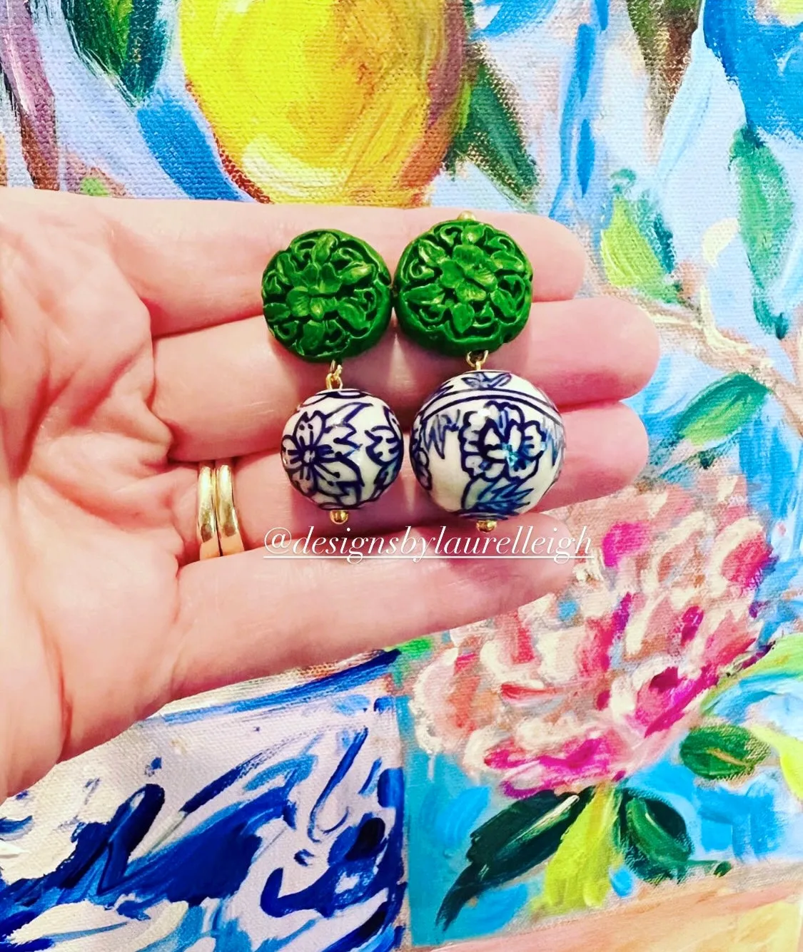 Chinoiserie Green Cinnabar Drop Earrings