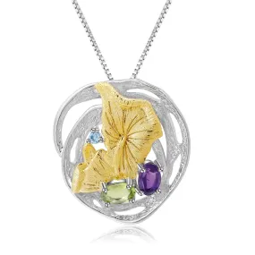 Colourful Treasure Natural Style Design Natural Gemstone Pendant Sterling Silver Necklace for Women