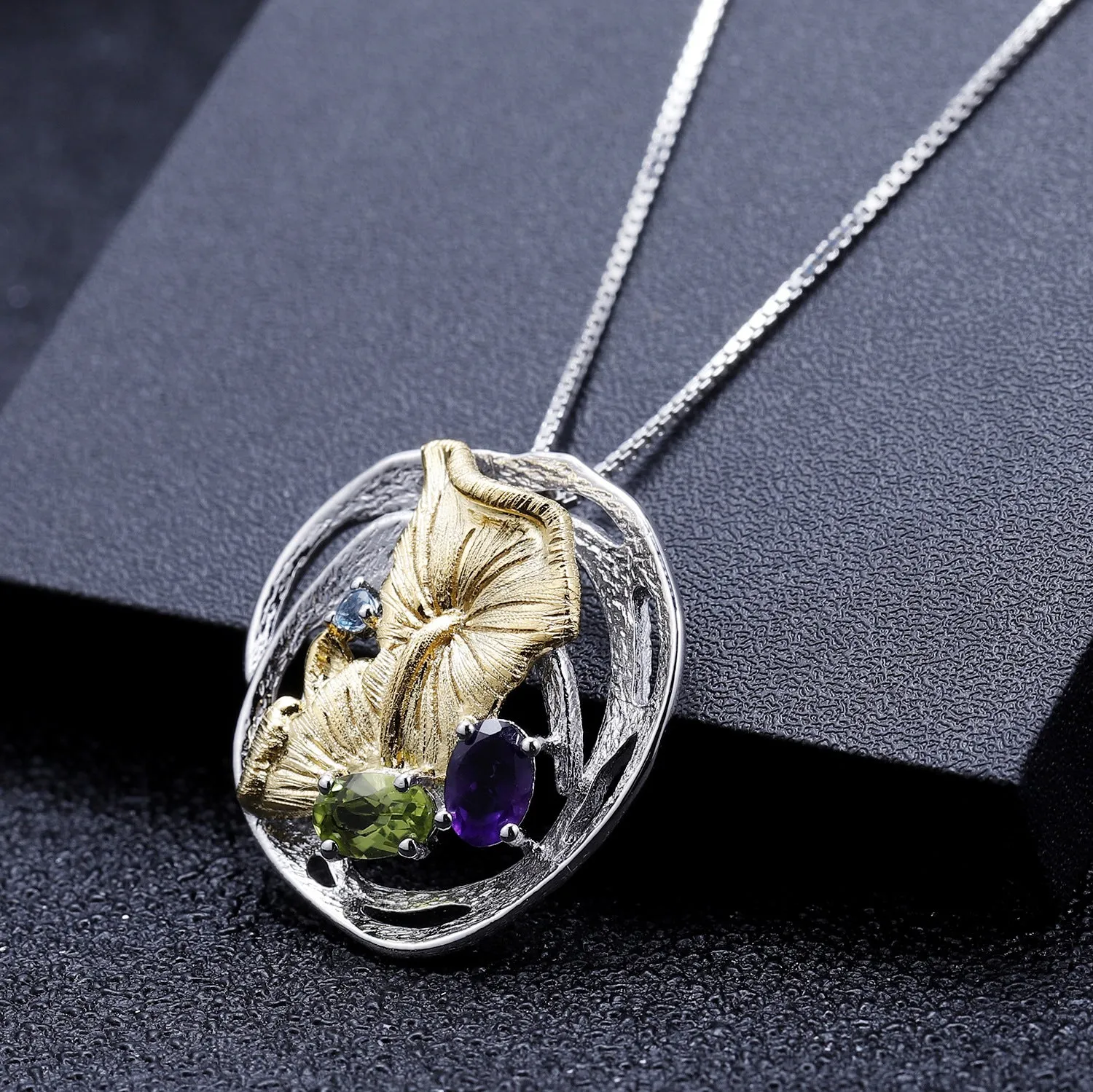 Colourful Treasure Natural Style Design Natural Gemstone Pendant Sterling Silver Necklace for Women