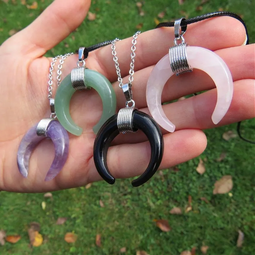 Crystal Crescent Moon Necklace w/ Half Moon Stone