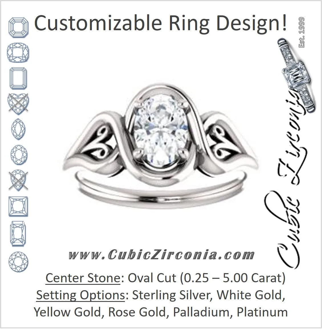 Cubic Zirconia Engagement Ring- The Bentley (Customizable Oval Cut Solitaire with Wide Tapered Band and Side Engraving Motif)