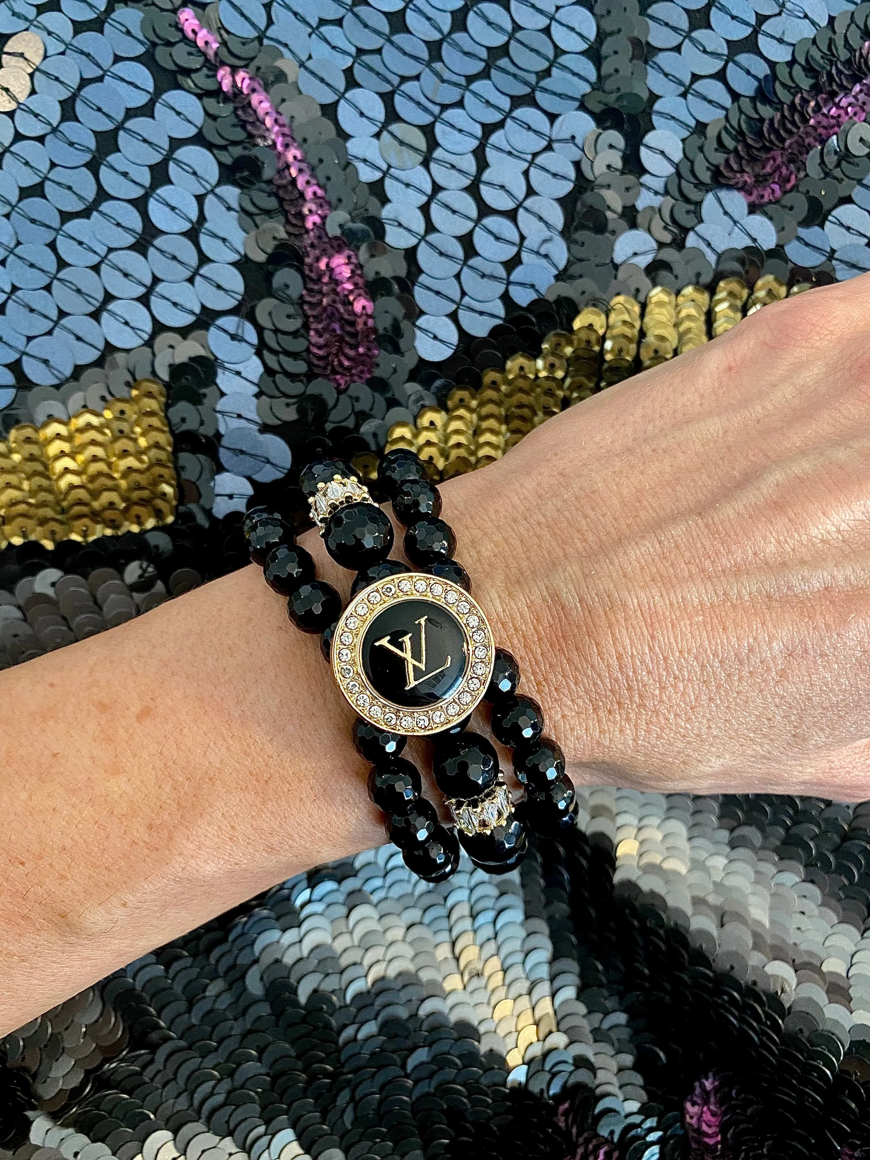 CZ LV Black and Gold Button bracelet
