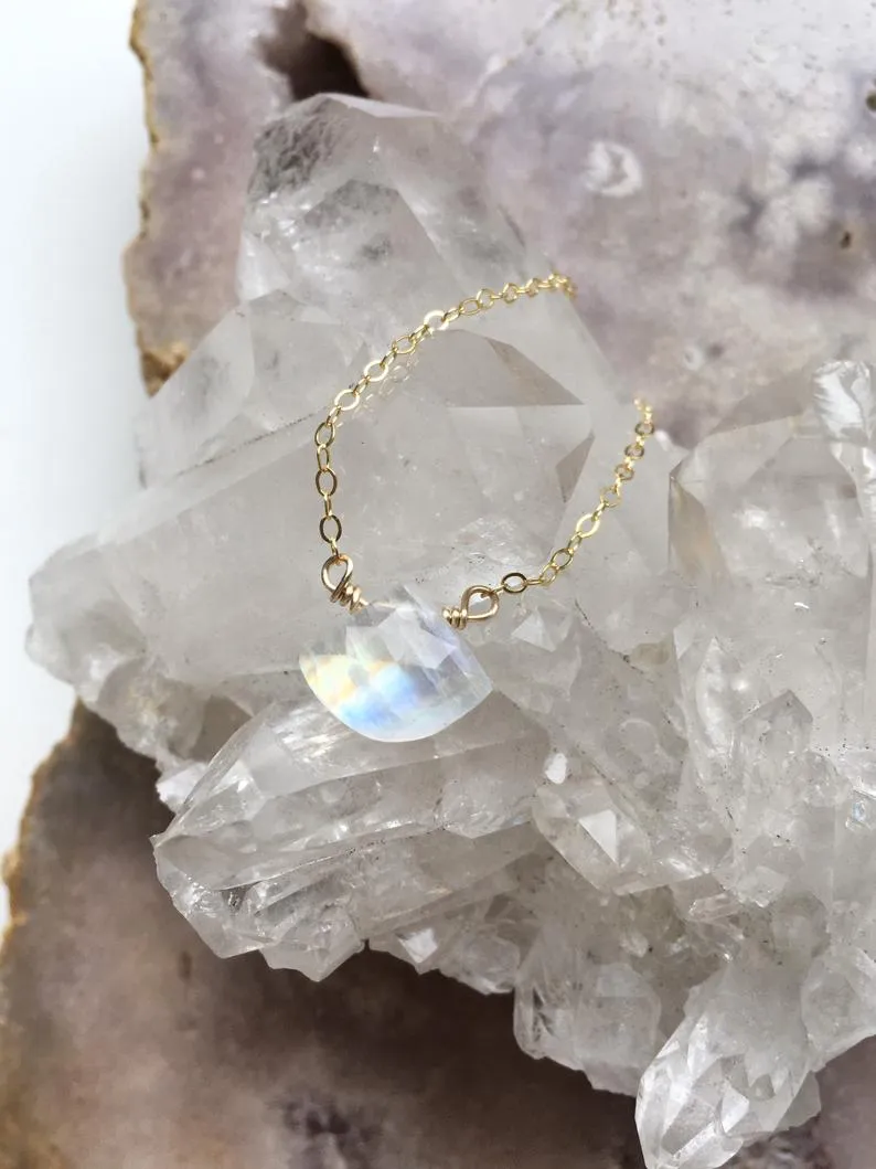 Dainty Rainbow Moonstone Pendant Necklace Sterling Silver or Gold Fill