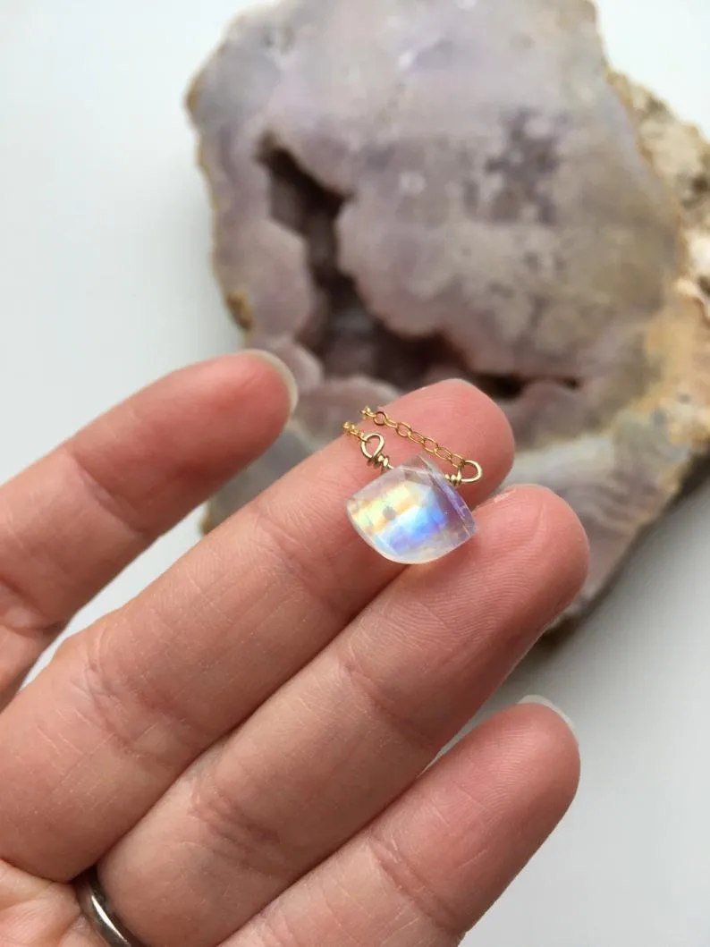 Dainty Rainbow Moonstone Pendant Necklace Sterling Silver or Gold Fill