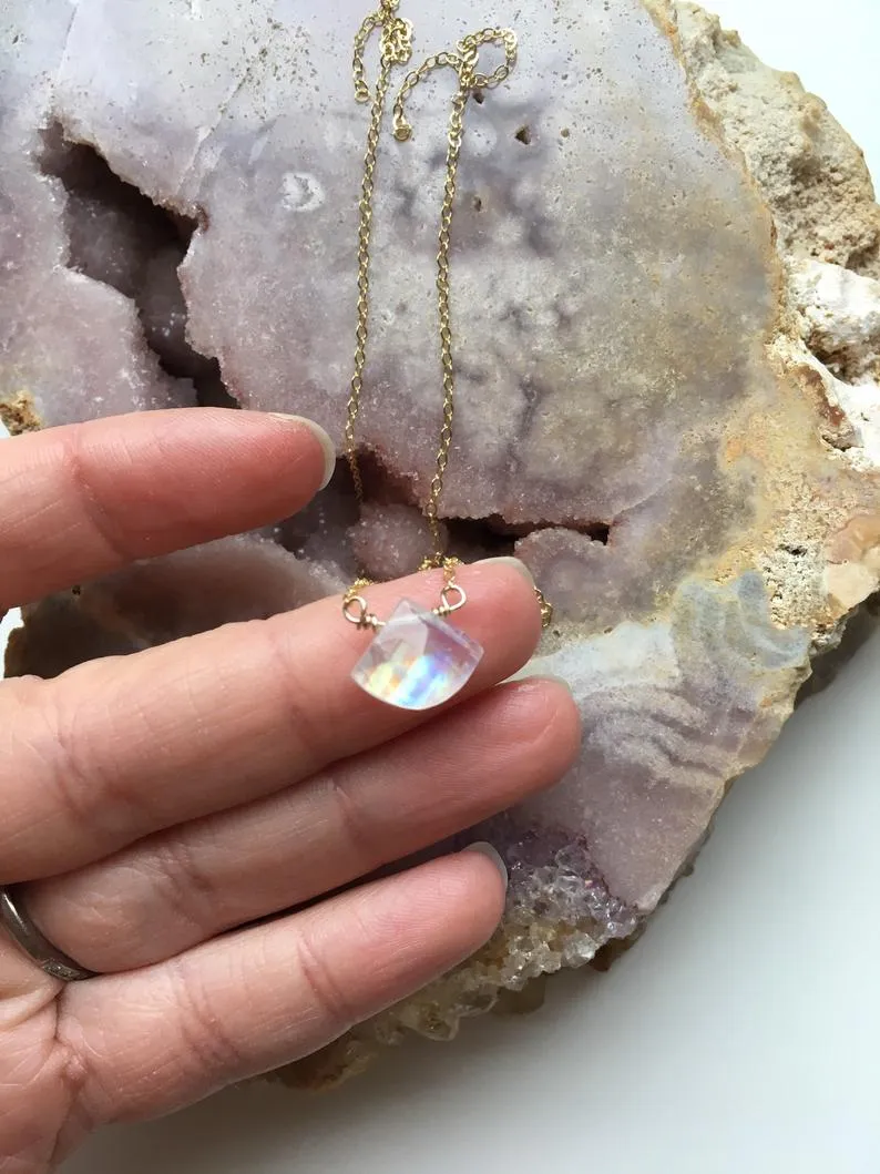 Dainty Rainbow Moonstone Pendant Necklace Sterling Silver or Gold Fill