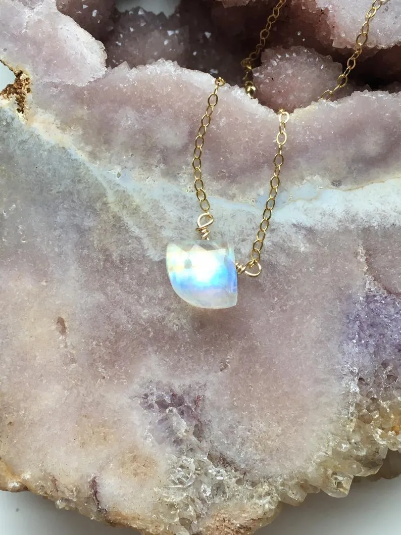 Dainty Rainbow Moonstone Pendant Necklace Sterling Silver or Gold Fill