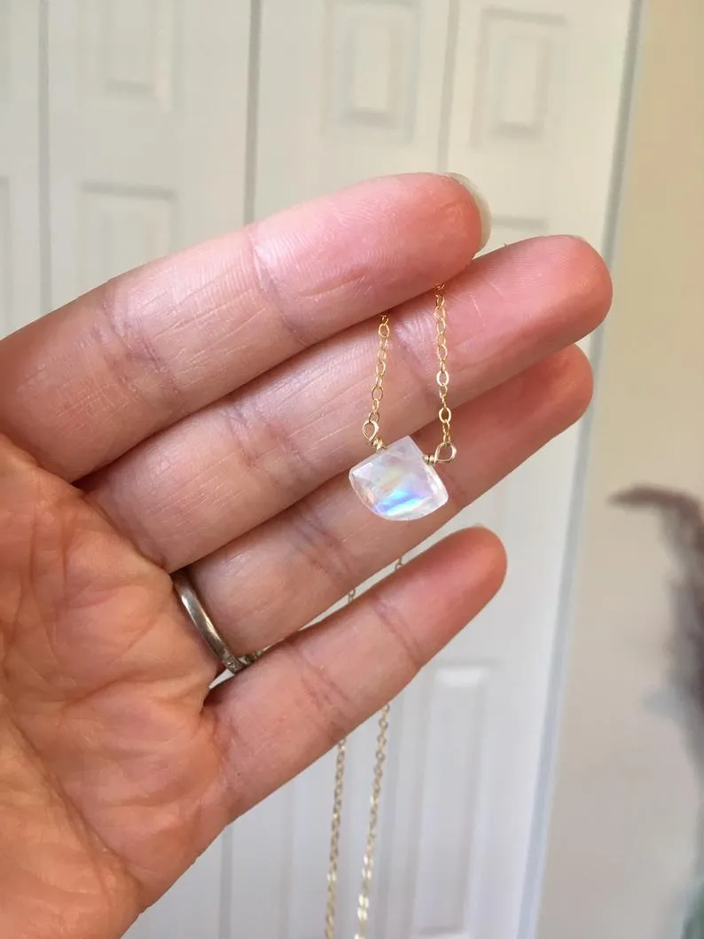 Dainty Rainbow Moonstone Pendant Necklace Sterling Silver or Gold Fill