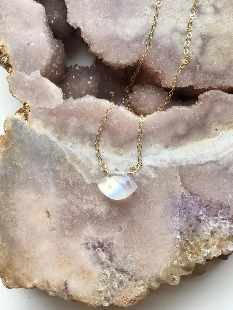 Dainty Rainbow Moonstone Pendant Necklace Sterling Silver or Gold Fill