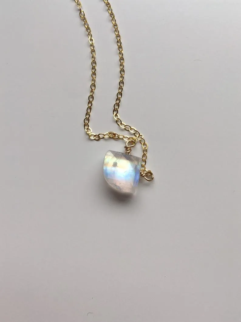Dainty Rainbow Moonstone Pendant Necklace Sterling Silver or Gold Fill