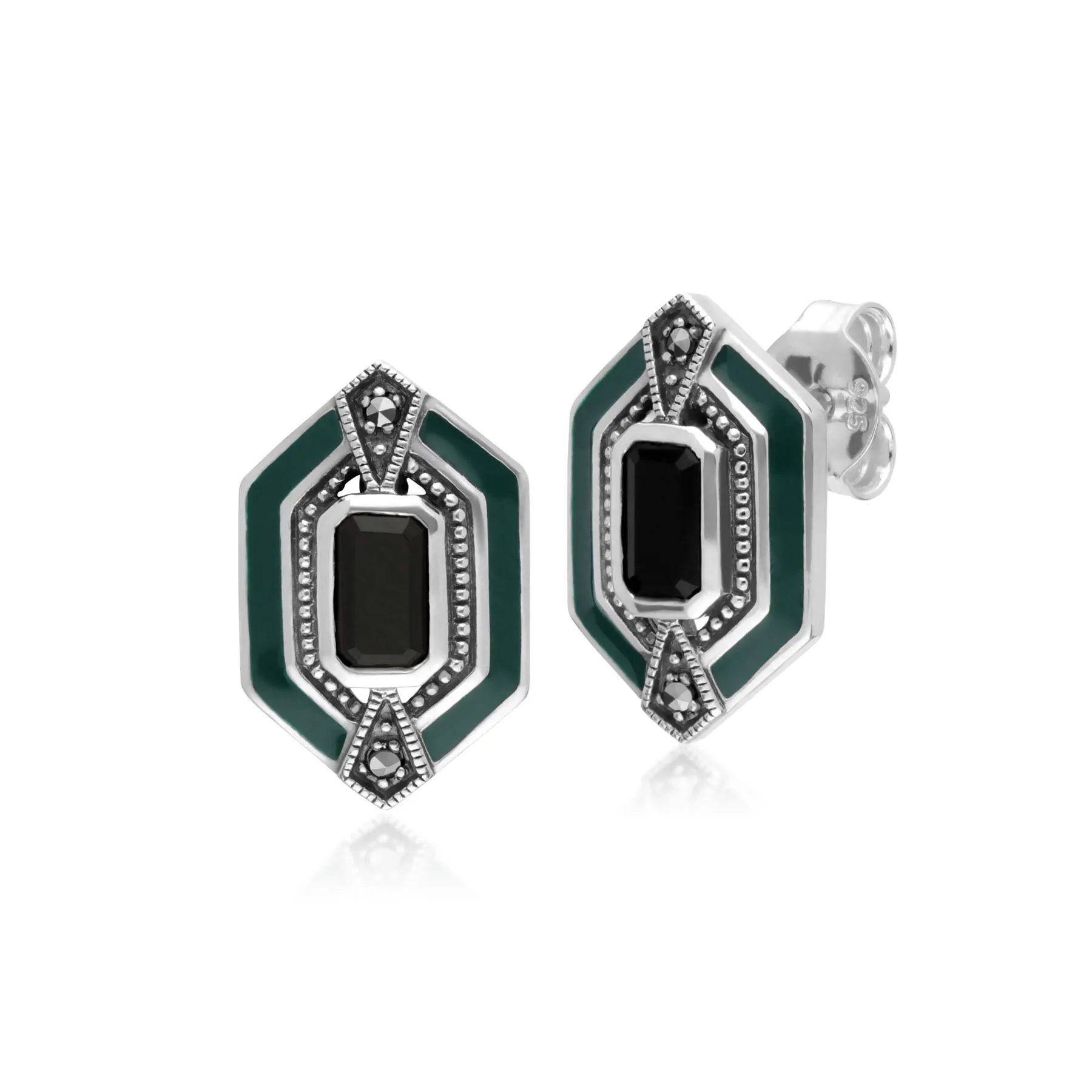 Damen Sterling Silber Schwarz Onyx, Markasit & Grün Emaille Hexagon Ohrstecker