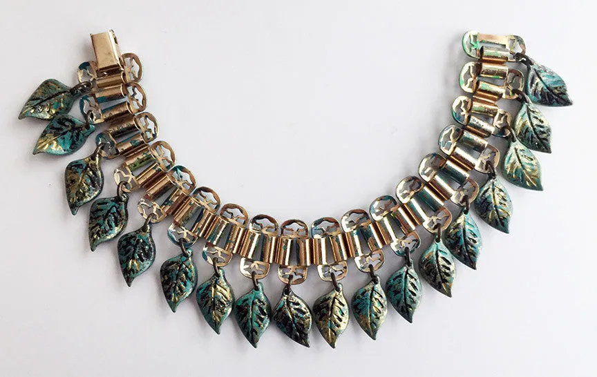 Dangling Blue Leaves Enamel & Bookchain Bracelet with Rhinestones
