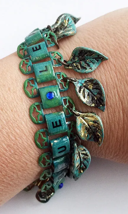 Dangling Blue Leaves Enamel & Bookchain Bracelet with Rhinestones