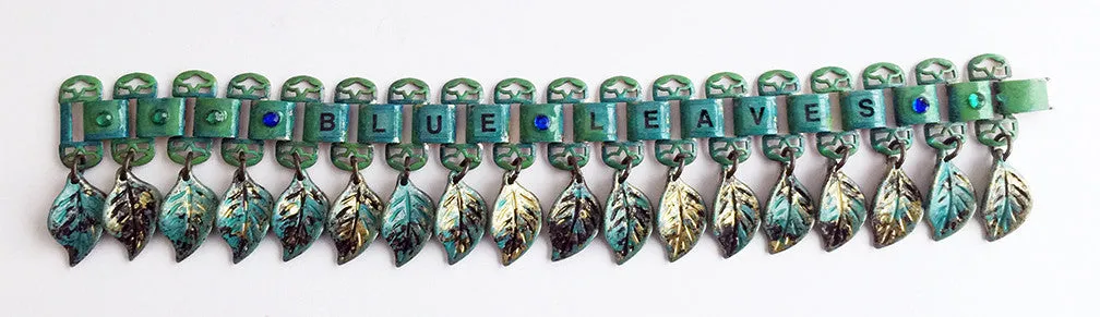 Dangling Blue Leaves Enamel & Bookchain Bracelet with Rhinestones