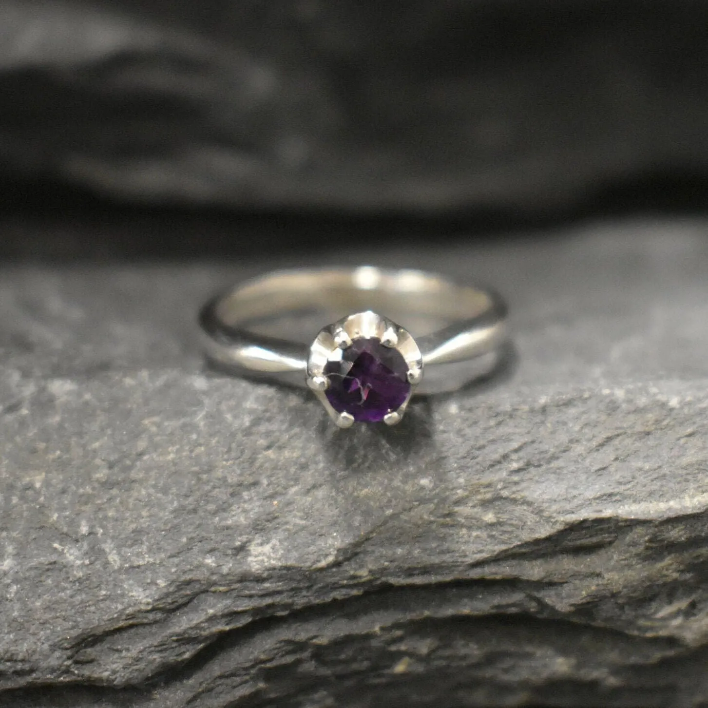 Dark Purple Ring - Natural Amethyst Ring - Purple Solitaire Band