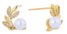 DJE311266 14K Dipped Leaf Pearl CZ Post Earrings
