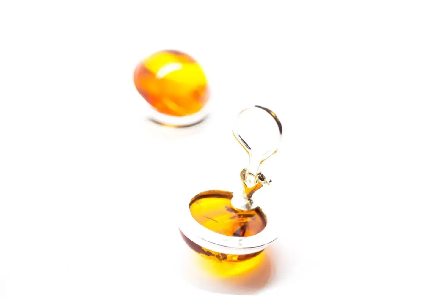 Elegant Round Amber Clip On Earrings - Lightweight Baltic Amber Earrings with Sterling Silver Frame