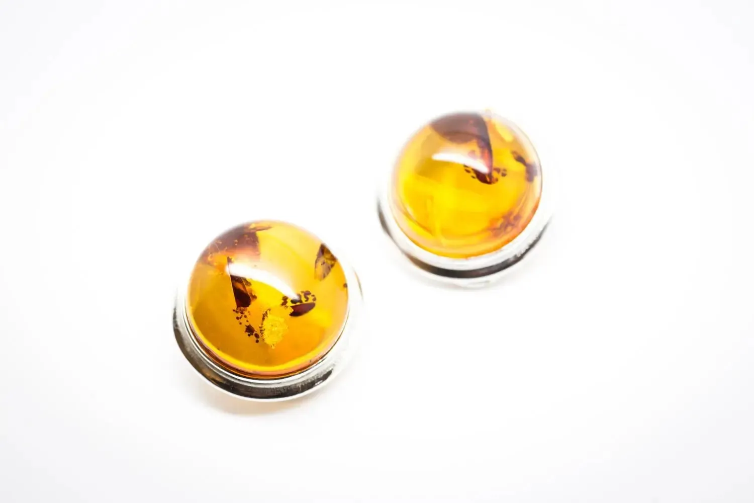 Elegant Round Amber Clip On Earrings - Lightweight Baltic Amber Earrings with Sterling Silver Frame