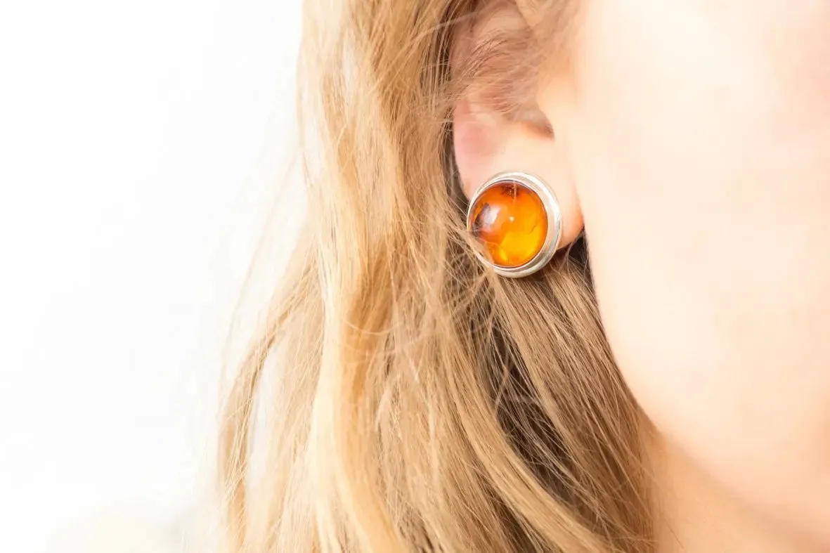 Elegant Round Amber Clip On Earrings - Lightweight Baltic Amber Earrings with Sterling Silver Frame
