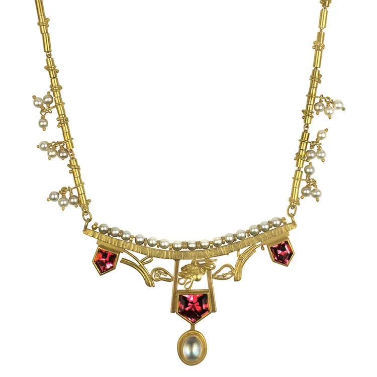 Estate 18K and 22K Yellow Gold Pink Tourmaline, Moonstone, and Pearl Necklace